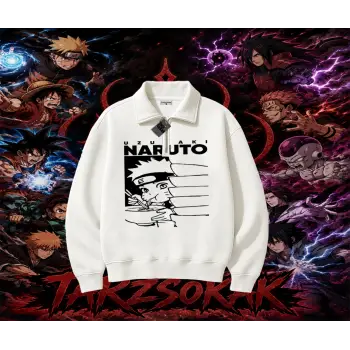 Naruto Uzumaki Premium Anime Unisex Polo Yaka Yarım Fermuarlı Sweatshirt Beyaz