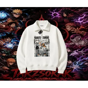 Naruto Uzumaki Premium Anime Unisex Polo Yaka Yarım Fermuarlı Sweatshirt Beyaz
