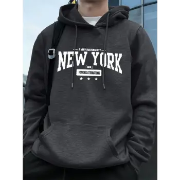 New York Bustling City Baskılı Erkek Tişörtü Kışlık Oversize Kapüşonlu Üst Spor Cepli Polar S
