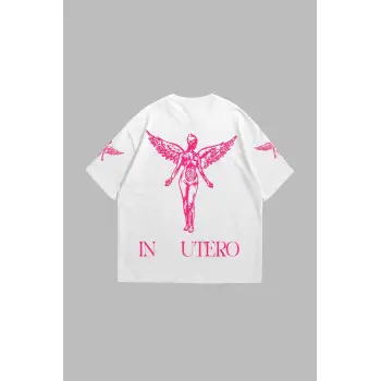 Nirvana In Utero Pembe Baskılı Oversize Unisex Beyaz