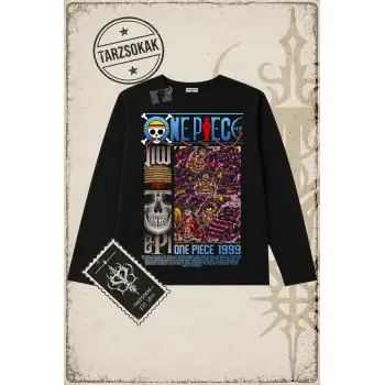One Piece Anime Karakterleri  Biskilet Yaka  Long Sleeve Beyaz