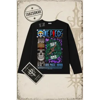 One Piece Anime Karakterleri  Biskilet Yaka  Long Sleeve Beyaz