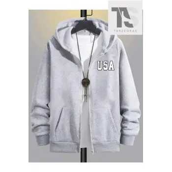 Örme Kumaş Baskılı Fermuarlı Kapüşonlu Sweatshirt Gri