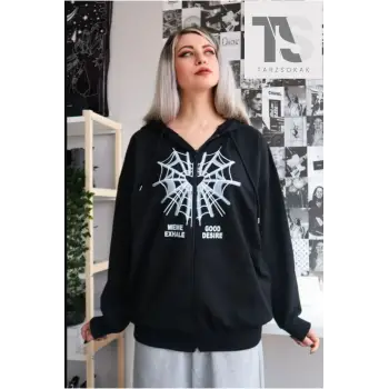 Örümcek Ağ Desire Sweatshirt Fermuarlı Hırka Siyah