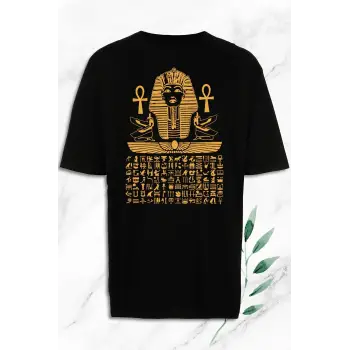 Oversize Antik Mısır Egypt Firavun Baskılı Siyah Tişört