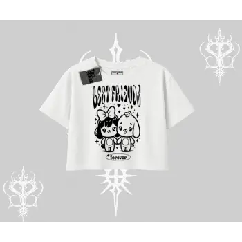 Oversize Crop Tshirt Best Friends Forever Baskılı Sevimli Tasarım