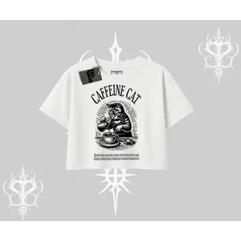 Oversize Crop Tshirt Caffeine Cat Kahve Temalı Kedi Baskılı