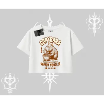 Oversize Crop Tshirt Cute Capybara Enjoying Ramen Noodles Artwork