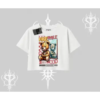 Oversize Crop Tshirt Fake Smile Mood Ayıcık Grafik Baskılı