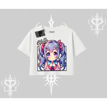 Oversize Crop Tshirt Hello Anime Kız Sevimli Karakter Baskılı