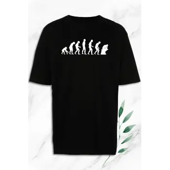Oversize Evolution Evrim Baskılı Siyah Tişört