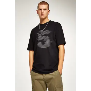 Oversize Five Baskılı Siyah Tshirt NRAGE69