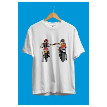 Oversize Motor Ve Motorcu Dostluk Temalı Baskılı Unisex Tişört
