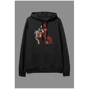 Oversize Red Dead Redemption 2 Tasarım Baskılı Kapüşonlu Sweatshirt Hoodie Siyah