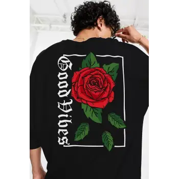 Oversize Rose Unisex Siyah T-shirt