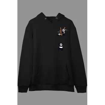 Oversize Sevimli Panda Cep Tasarımlı Baskılı Kapüşonlu Sweatshirt Hoodie Siyah