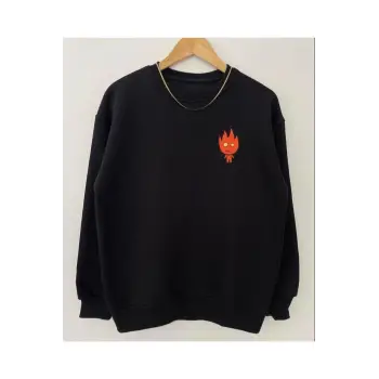 Oversıze Sıyah Ateş Su Baskılı 0 Yaka Kapşonsuz Pamuklu Sweatshirt Siyah