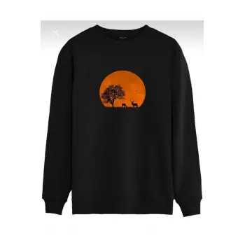 Oversıze Sıyah Savana Baskılı 0 Yaka Kapşonsuz Pamuklu Sweatshirt Siyah