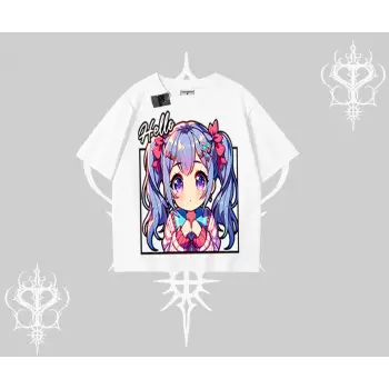 Oversize Tshirt Hello Anime Kız Sevimli Karakter Baskılı