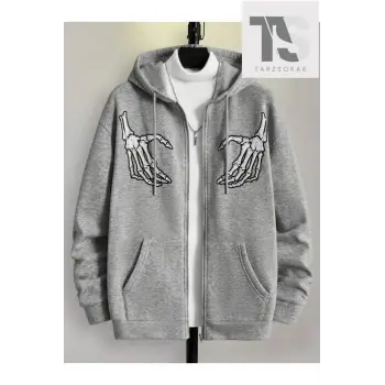 Oversize Unisex Gri İskelet Baskılı