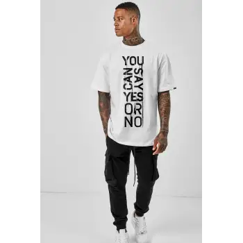 Oversize Yes Or No Baskılı Beyaz Tshirt NRAGE168