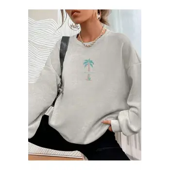 Palmiye Ağacı Desenli Sweat Gri
