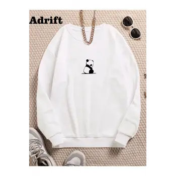 Panda Renkli Oversize Bisiklet Yaka Pamuklu Sweatshirt Beyaz