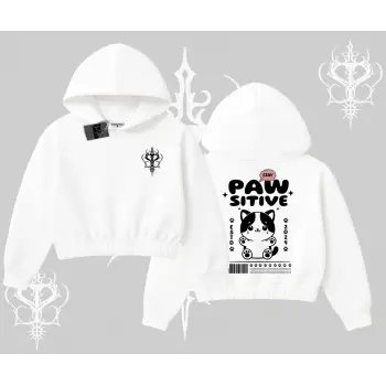 Paw Sitive Kedi Arka Baskılı Kapşonlu Crop Sweatshirt
