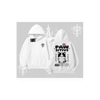 Paw Sitive Kedi Arka Baskılı Kapşonlu Sweatshirt