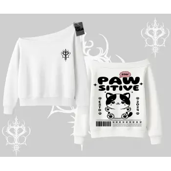 Paw Sitive Kedi Arka Baskılı Kayık Yaka Sweatshirt