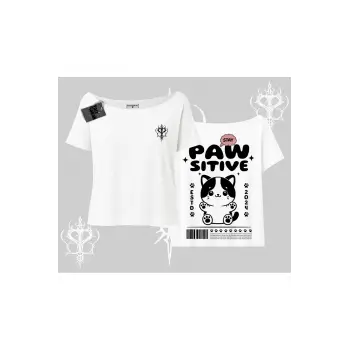 Paw Sitive Kedi Arka Baskılı Kayık Yaka Tshirt