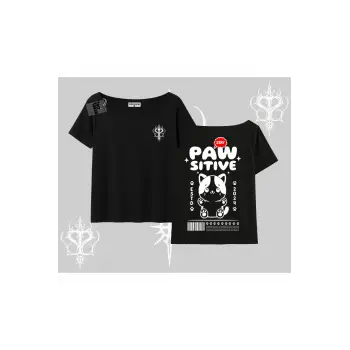 Paw Sitive Kedi Arka Baskılı Kayık Yaka Tshirt