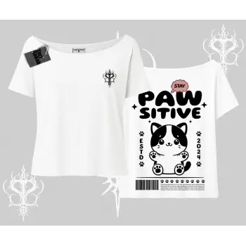 Paw Sitive Kedi Arka Baskılı Kayık Yaka Tshirt