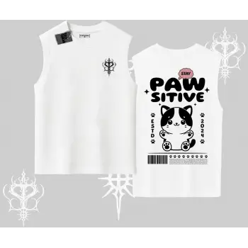 Paw Sitive Kedi Arka Baskılı Kolsuz Tshirt