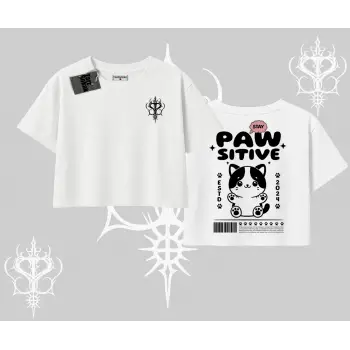 Paw Sitive Kedi Arka Baskılı Oversize Crop Tshirt