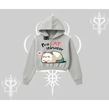 Paws Off Yazılı Kedi Baskılı Streetwear Kapşonlu Crop Sweatshirt