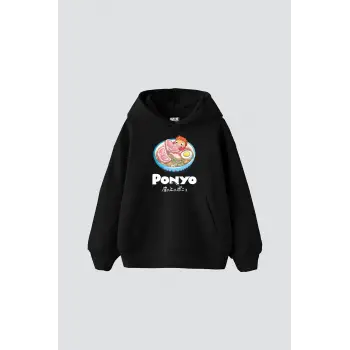 Ponyo Baskılı Oversize Unisex Siyah