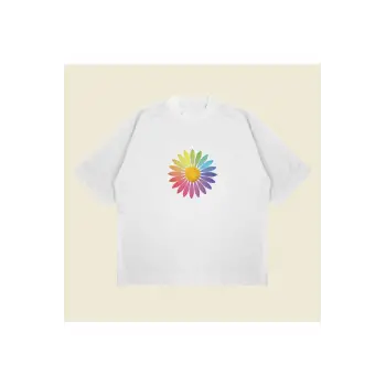 Rainbow Daisy Baskılı Oversize Unisex Pamuklu Nefes Alan Kalın Kumaşlı
