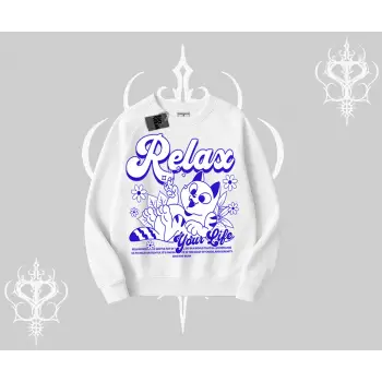 Relax Kedi Baskılı Biskilet Sweatshirt