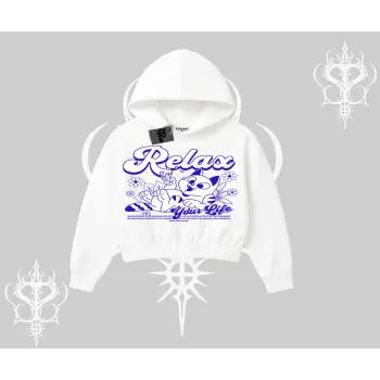 Relax Kedi Baskılı Kapşonlu Crop Sweatshirt
