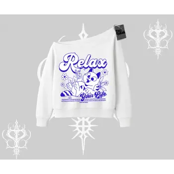 Relax Kedi Baskılı Kayık Yaka Sweatshirt