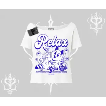 Relax Kedi Baskılı Kayık Yaka Tshirt