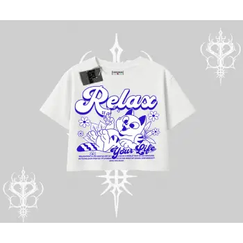 Relax Kedi Baskılı Oversize Crop Tshirt