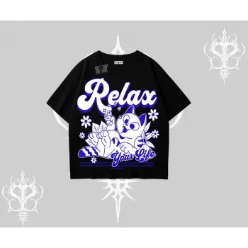 Relax Kedi Baskılı Oversize Tshirt - Çocuk