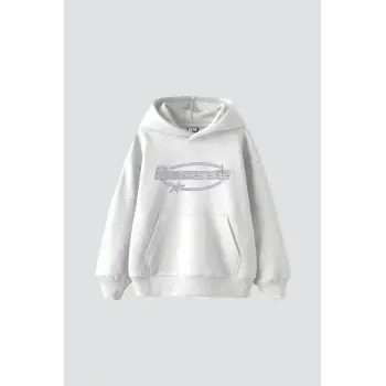 Reverse Taş Baskılı Oversize Unisex Beyaz