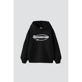 Reverse Taş Baskılı Oversize Unisex Siyah