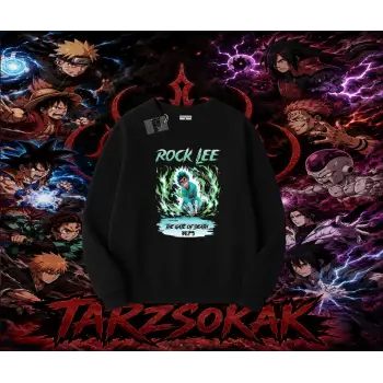 Rock Lee Naruto Anime Karakter Oversize Unisex Bisiklet Yaka Sweatshirt Beyaz