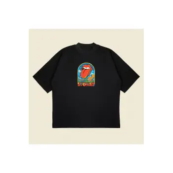 Rolling Stones Atlanta Baskılı Oversize Unisex Pamuklu Nefes Alan Kalın Kumaşlı