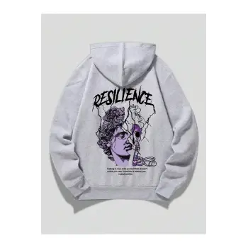 ROMWE Guys Figure & Slogan Graphic Drawstring Lined Hoodie Gri
