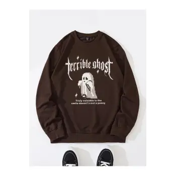 ROMWE Guys Ghost & Slogan Graphic Sweatshirt Kahverengi